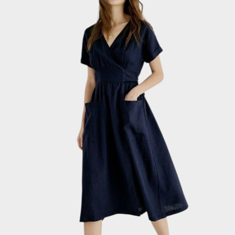 Grae Cove Frankie Linen Wrap Midi Dress Navy